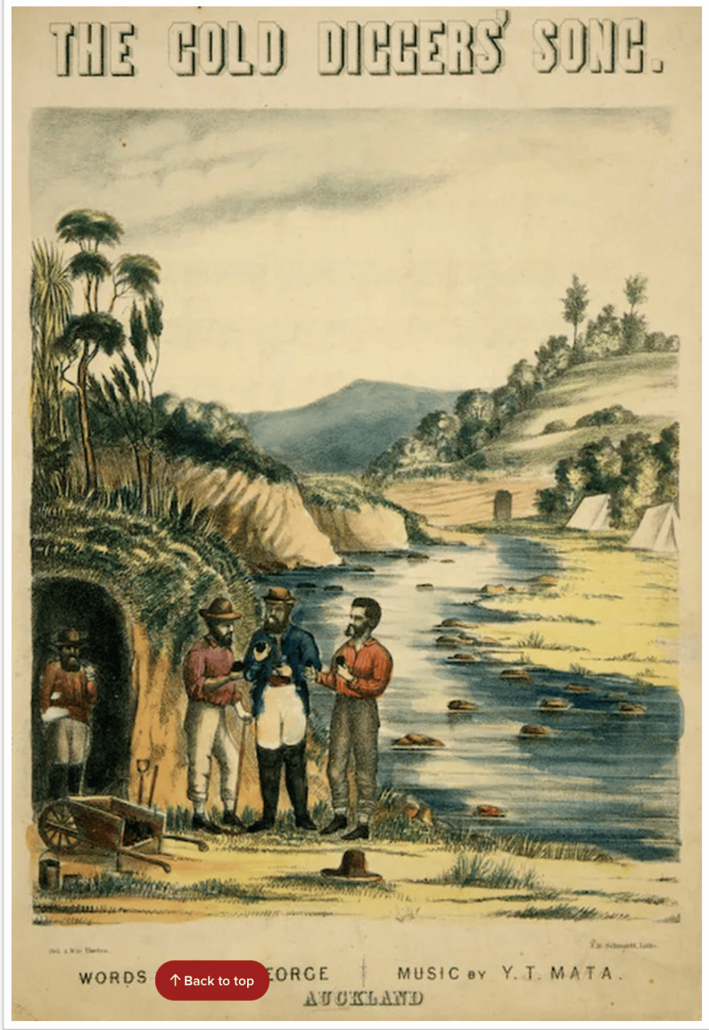 Sheet music cover for "The Gold Diggers' Song," illustrated with four miners beside a stream in a 19th-century New Zealand mining camp, tents and hills in the background.